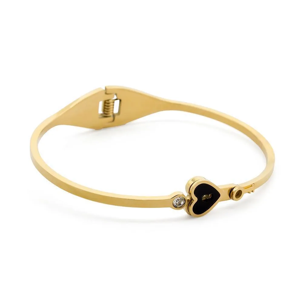 Stainless Steel Bangle Heart Key Onyx Crystal Gold Plated