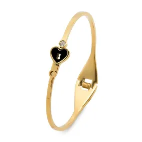 Stainless Steel Bangle Heart Key Onyx Crystal Gold Plated