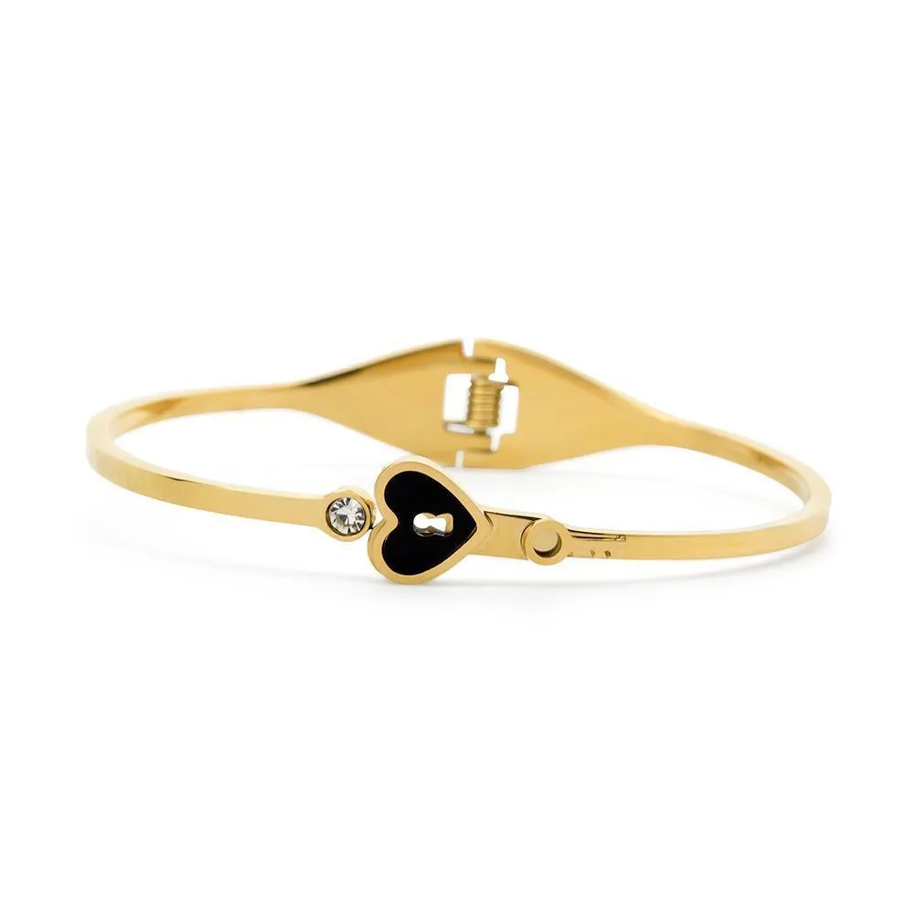 Stainless Steel Bangle Heart Key Onyx Crystal Gold Plated