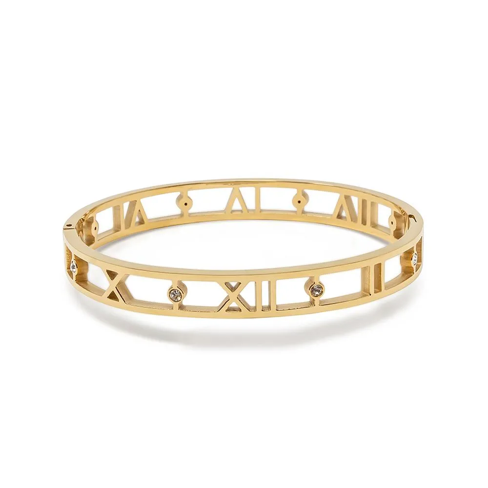 Stainless Steel Bangle Roman Numeral CZ Gold Plated