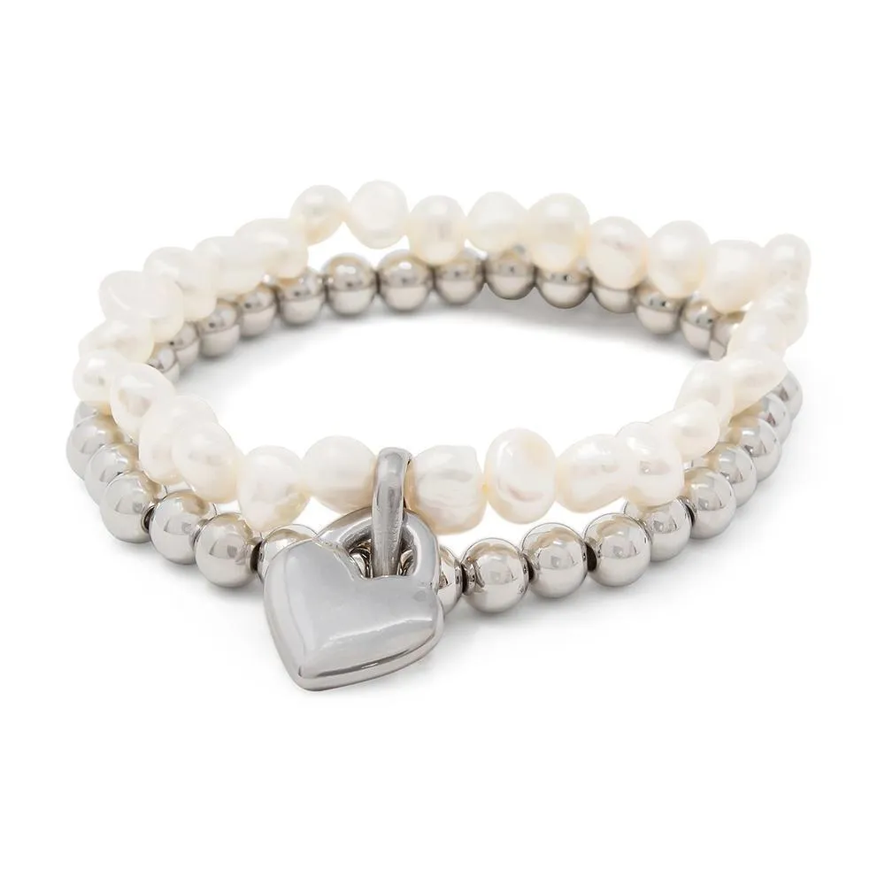 Stainless Steel Pearl Stretch Bracelet with Heart Charm