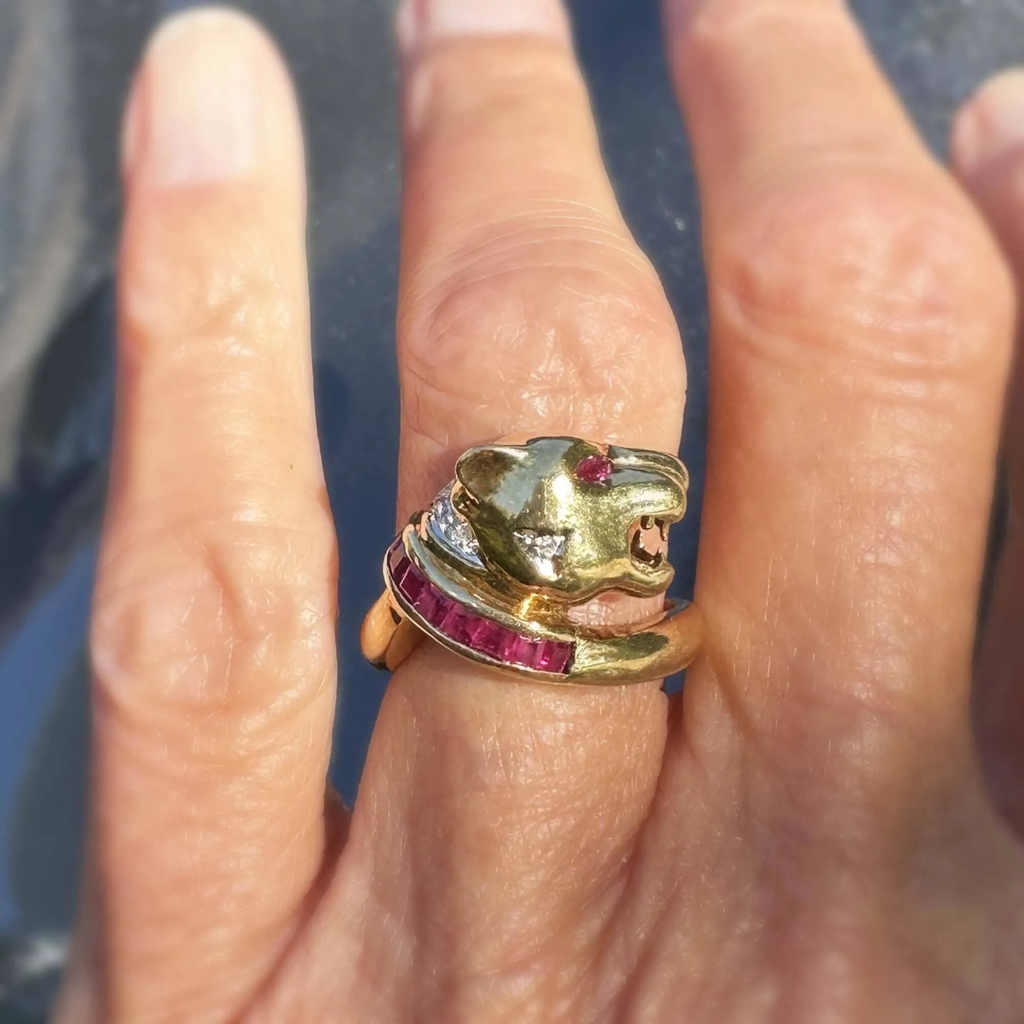 Statement Retro 14K Gold Ruby Diamond Panther Ring