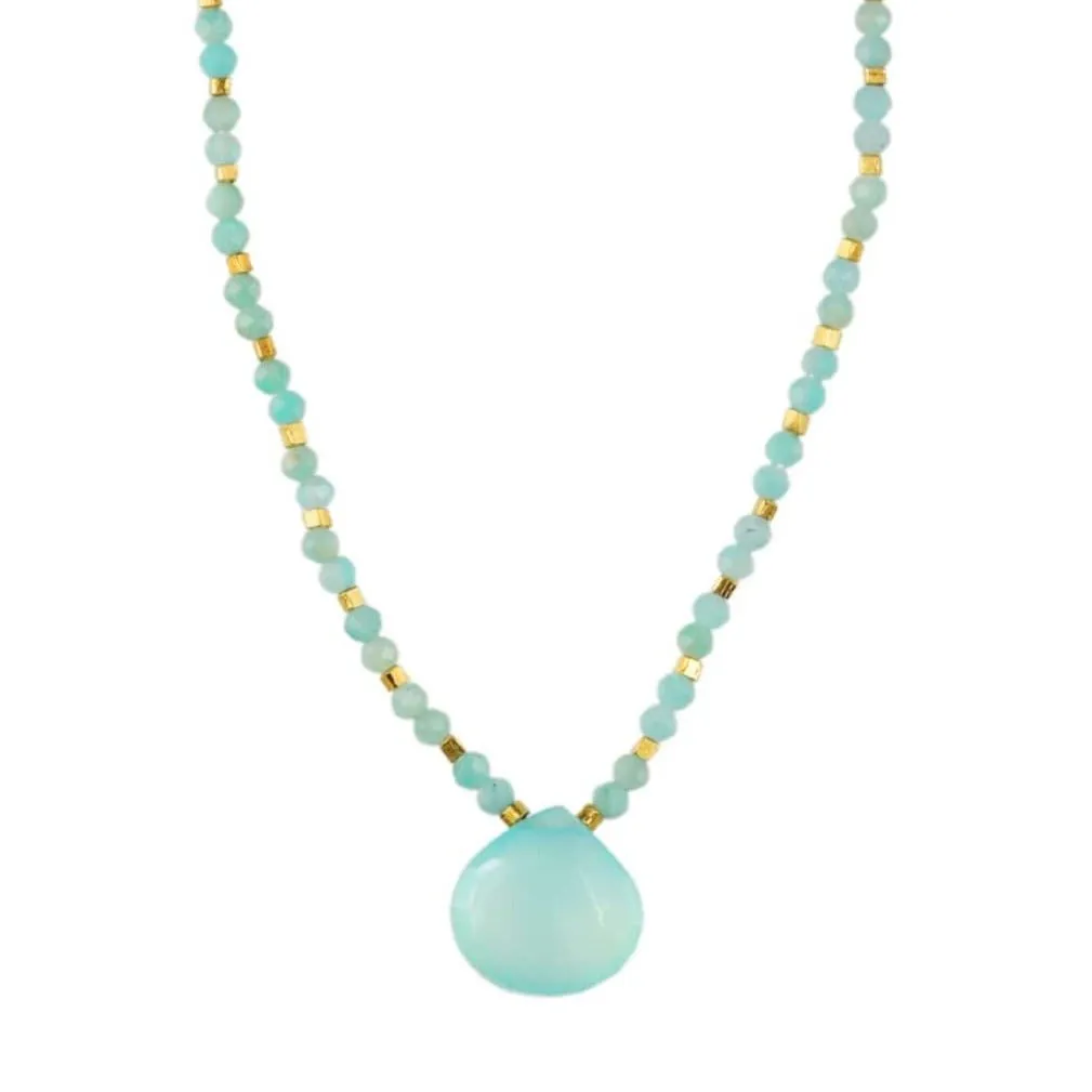 Turquoise Necklace with Amazonite & Gold Vermeil Section and Calcite Drop