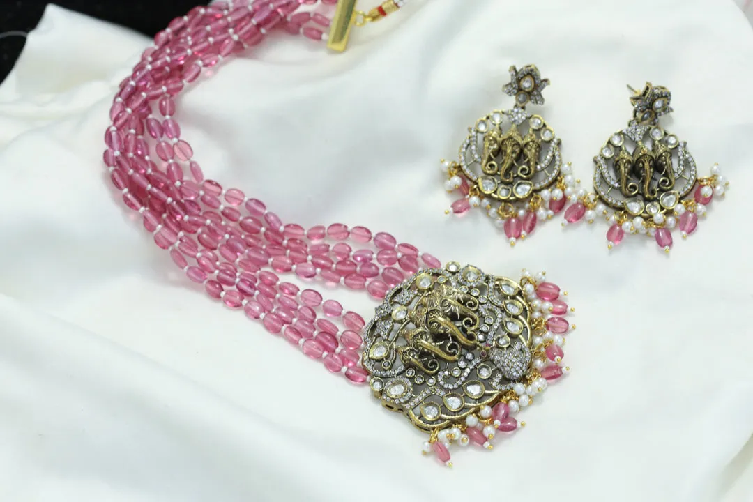 Victorian Ganesha Polki Necklace Set - Rhodolite Beads