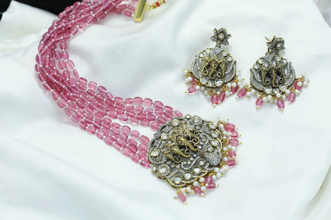 Victorian Ganesha Polki Necklace Set - Rhodolite Beads