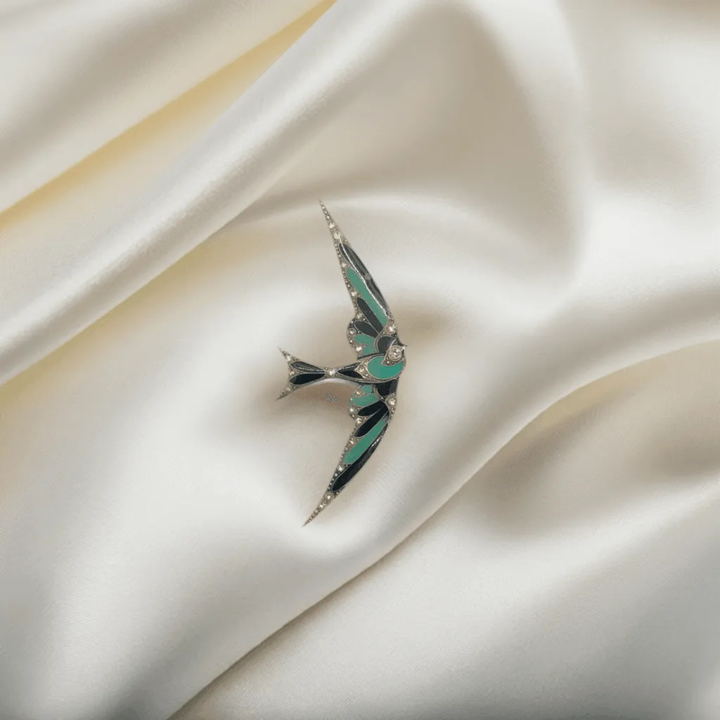 Vintage Art Deco Soaring Enamel & Paste Swallow Brooch