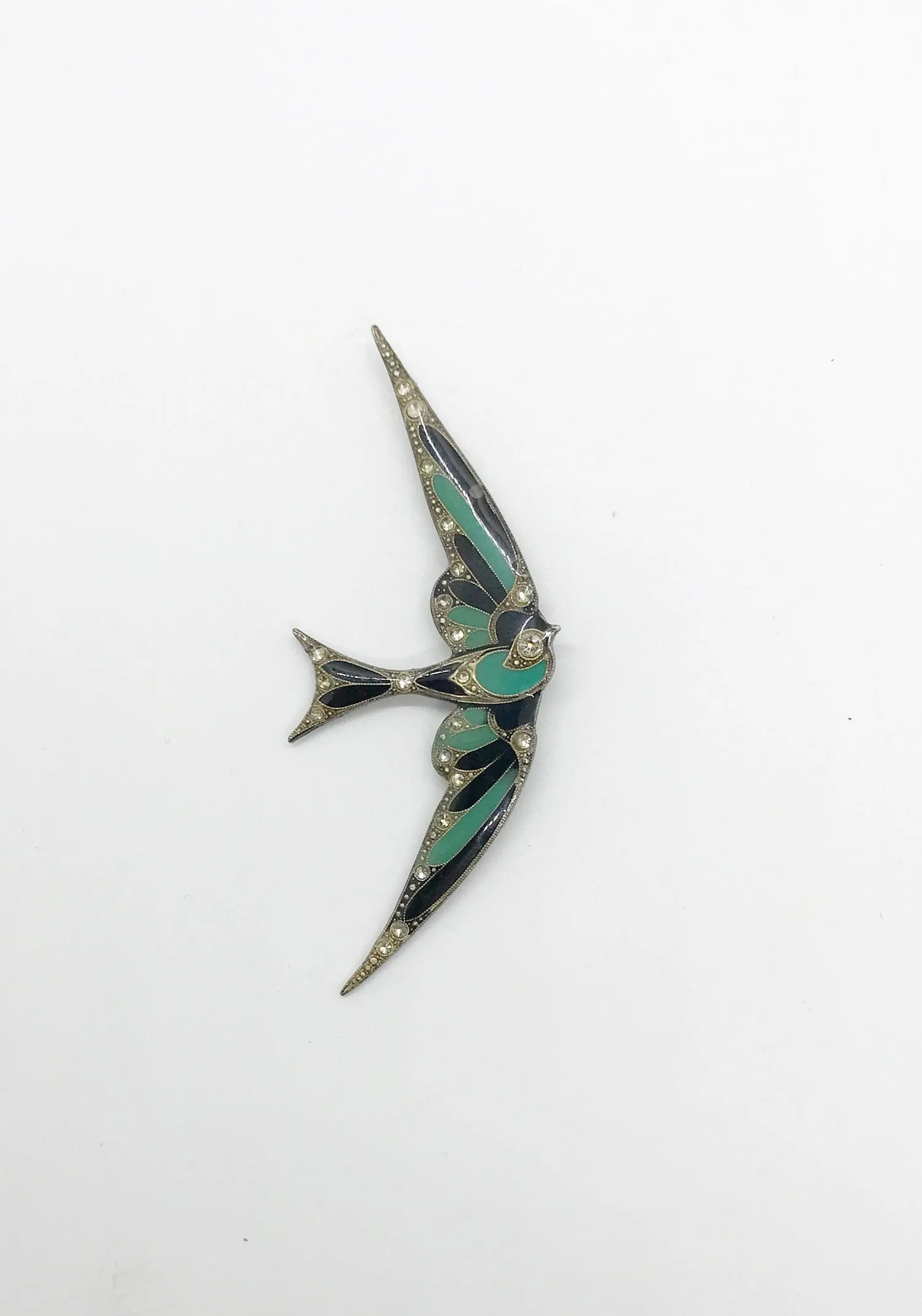 Vintage Art Deco Soaring Enamel & Paste Swallow Brooch