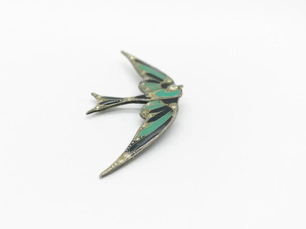 Vintage Art Deco Soaring Enamel & Paste Swallow Brooch