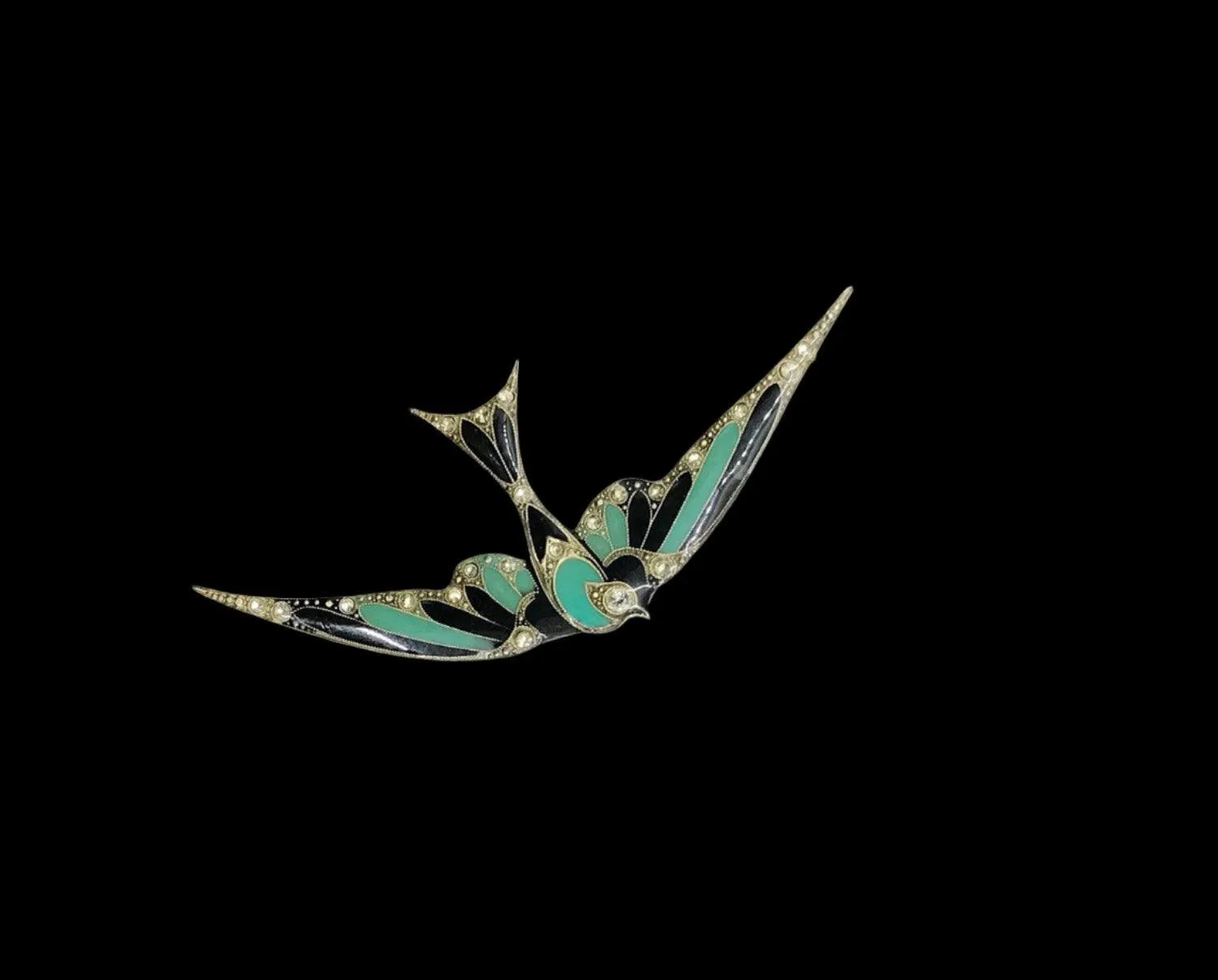 Vintage Art Deco Soaring Enamel & Paste Swallow Brooch