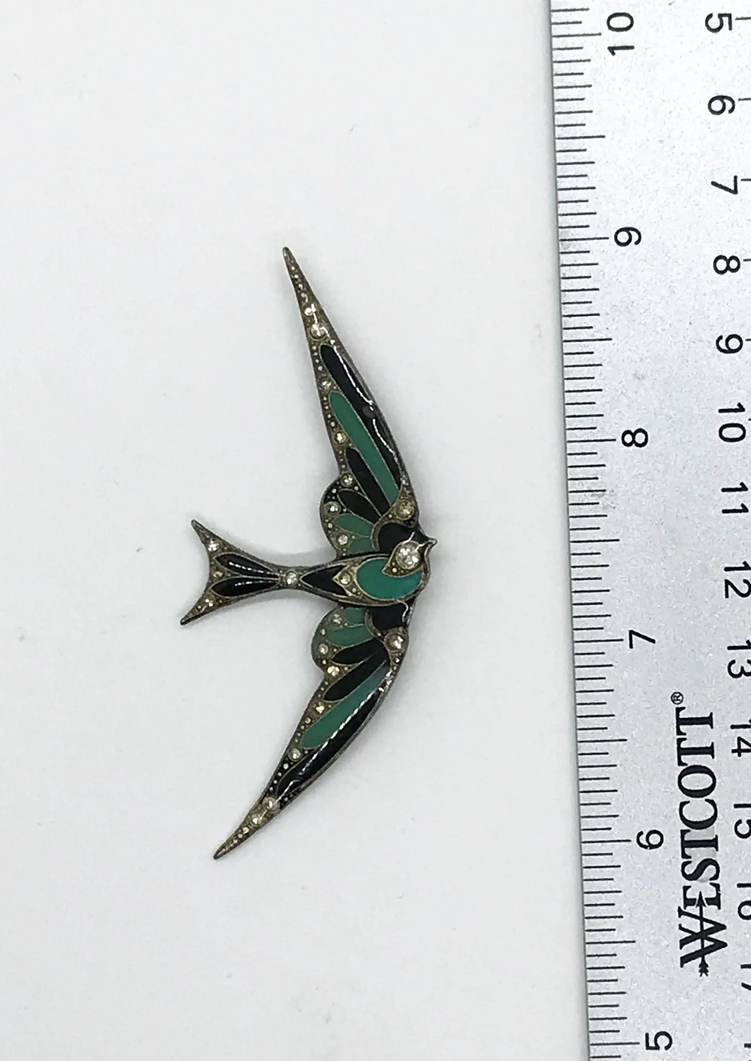 Vintage Art Deco Soaring Enamel & Paste Swallow Brooch