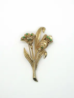 Vintage Deco Coro Double Tulip Green Rhinestone Trembler Brooch