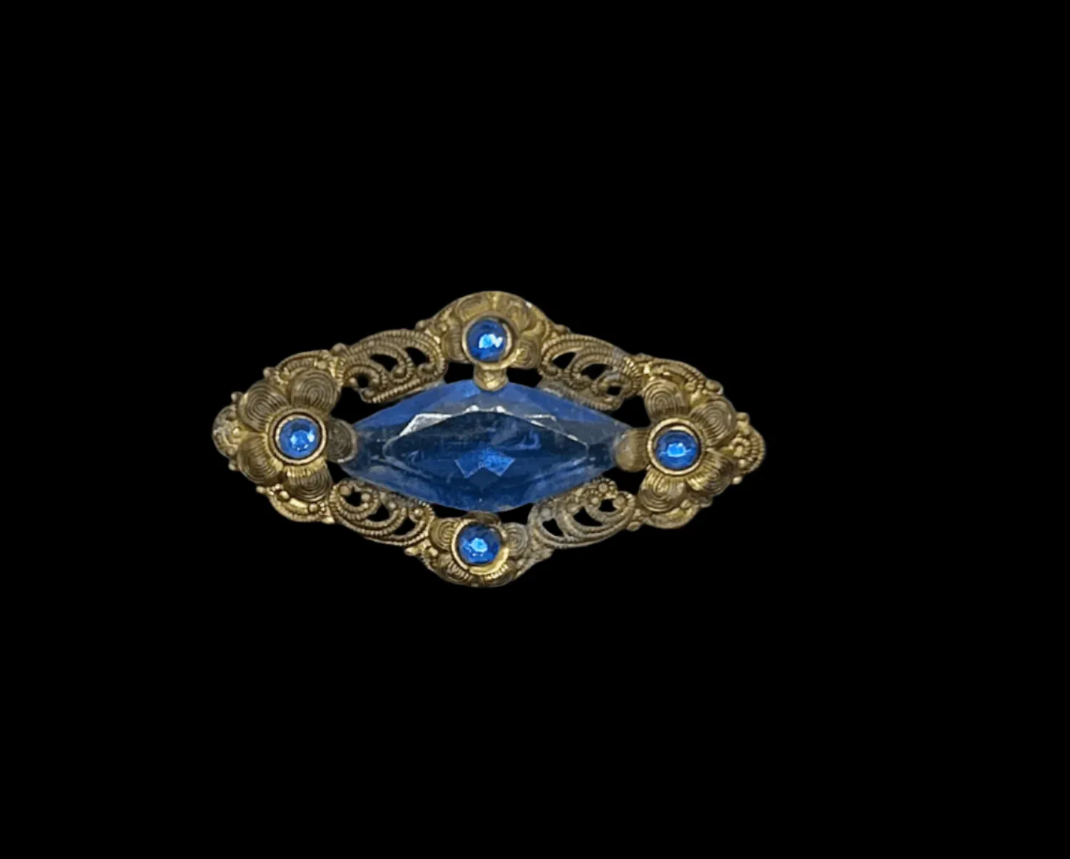 Vintage Filigree Victorian Brooch with Blue Stones