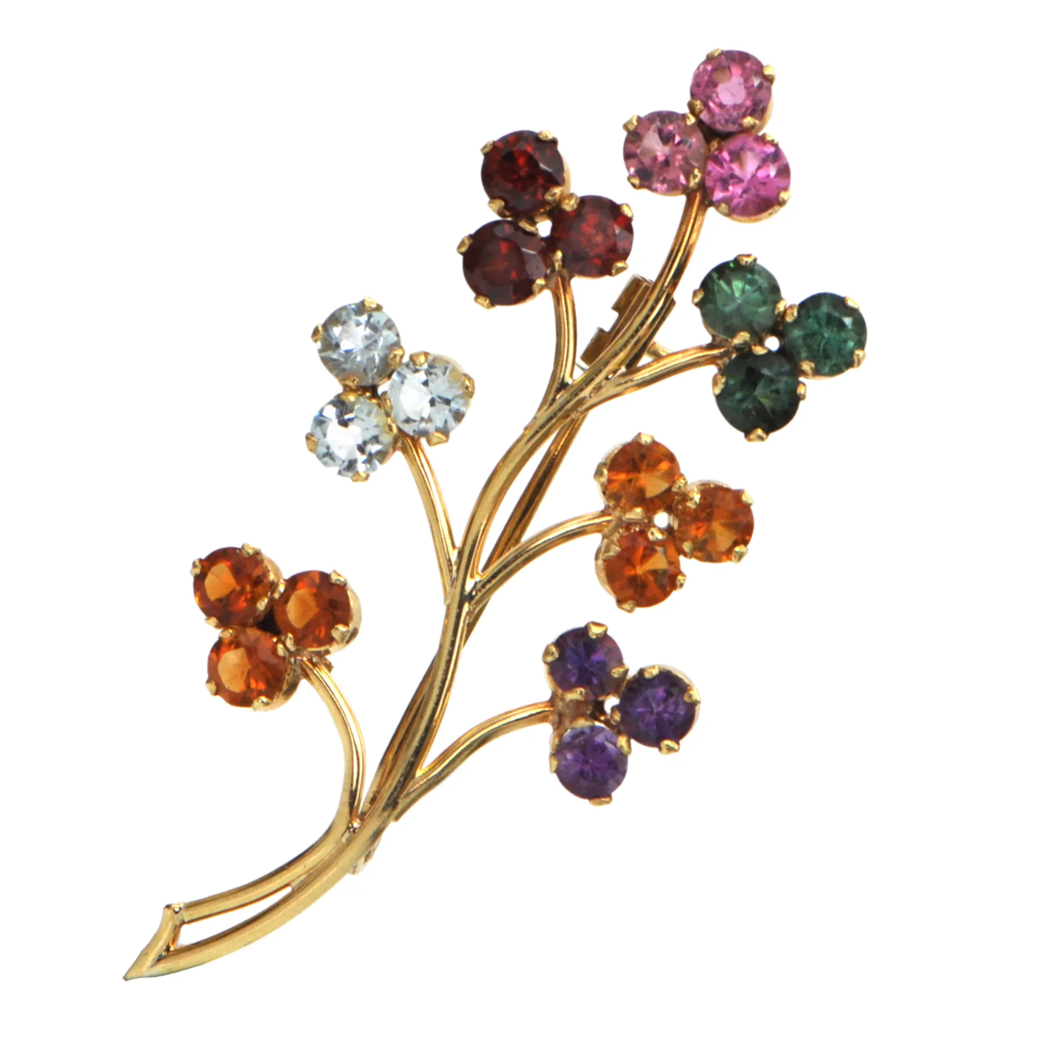 Vintage Multi-Gemstones Floral 18k Gold Branch Brooch