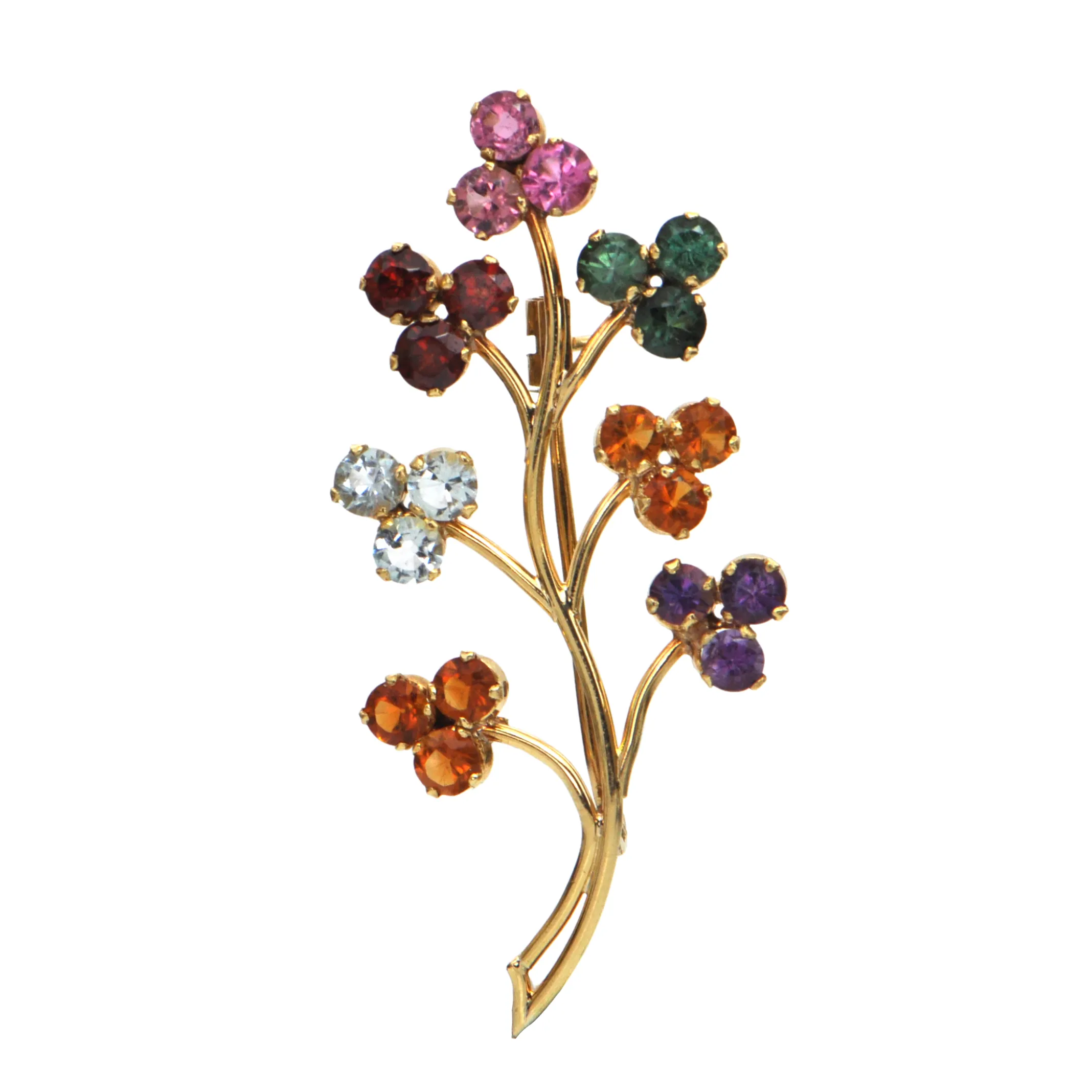 Vintage Multi-Gemstones Floral 18k Gold Branch Brooch