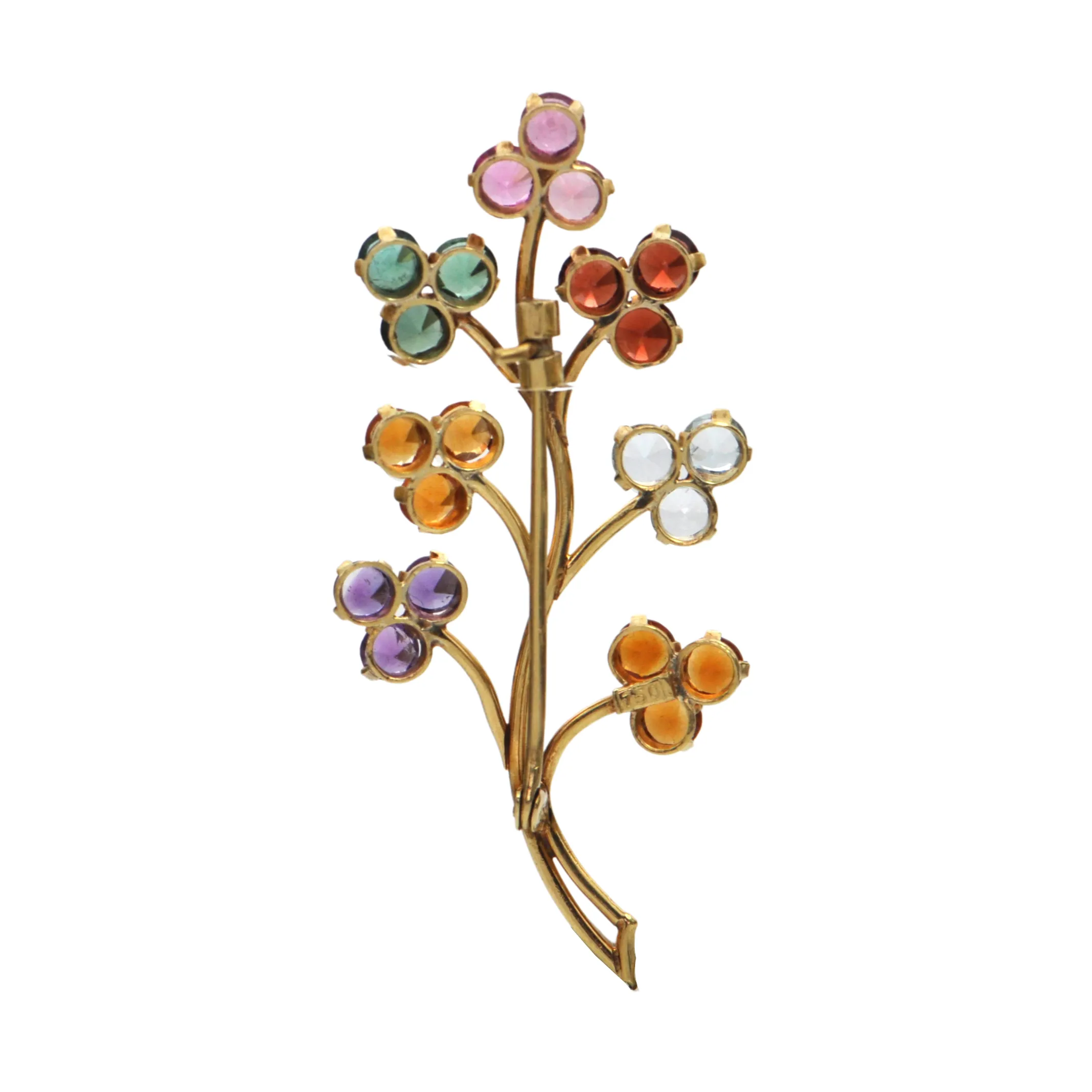 Vintage Multi-Gemstones Floral 18k Gold Branch Brooch