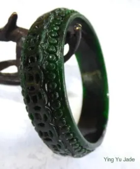 Vintage Pre-Owned Lucky Coins Carved Nephrite Jade Bangle Bracelet 56mm (TI-1287)