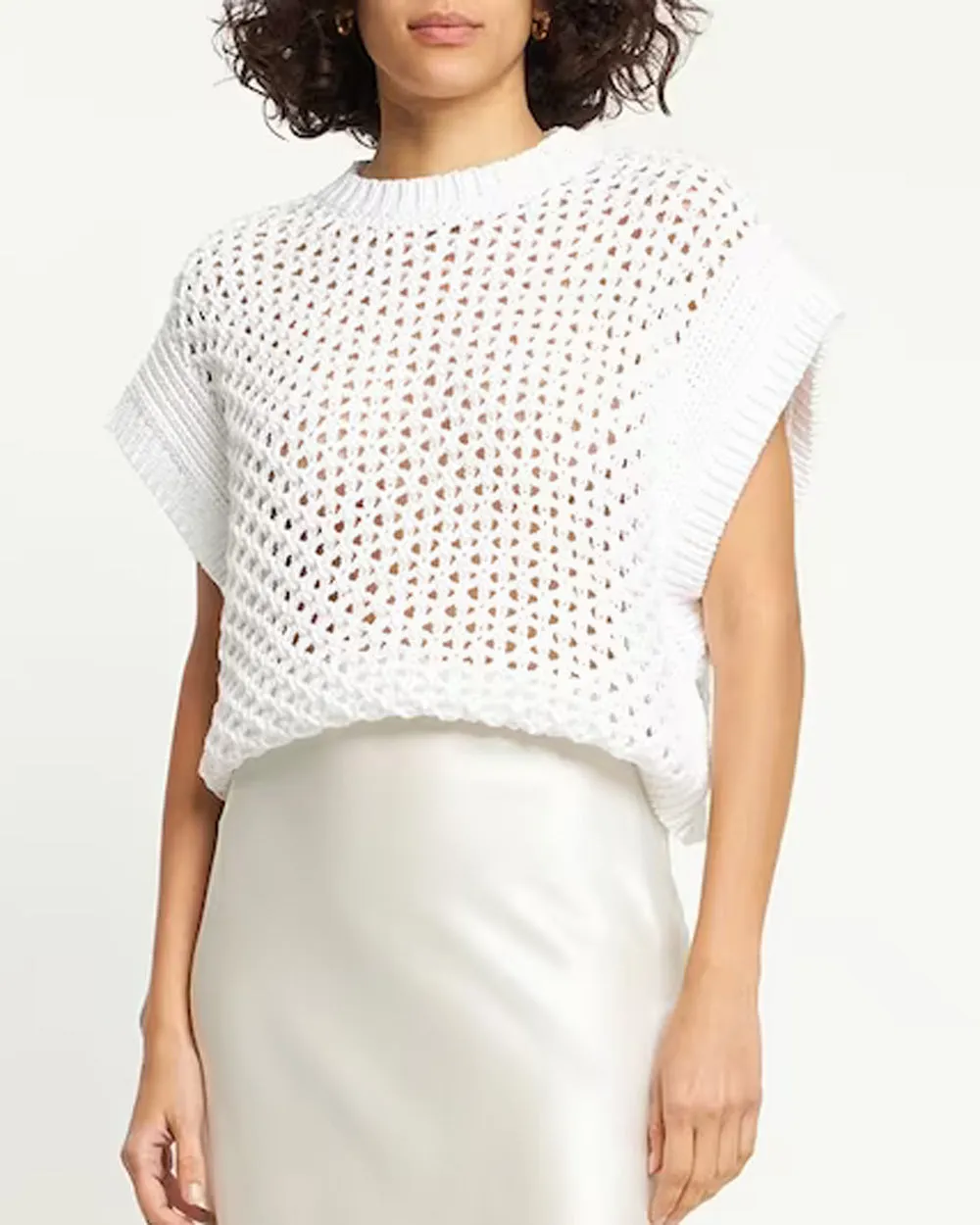 White Cotton Linen Cap Sleeve Knit Top