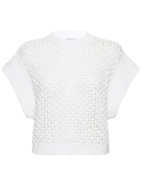 White Cotton Linen Cap Sleeve Knit Top