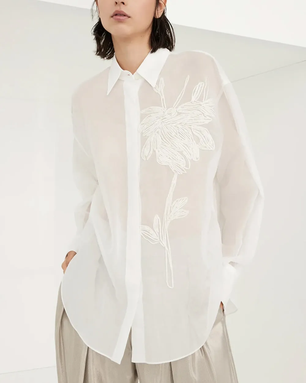 White Embroidered Raffia Magnolia Silk Blouse