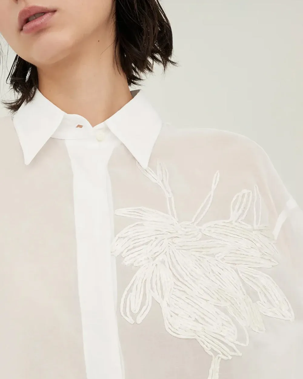 White Embroidered Raffia Magnolia Silk Blouse