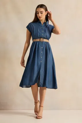 Women Blue Denim Dress With Belt