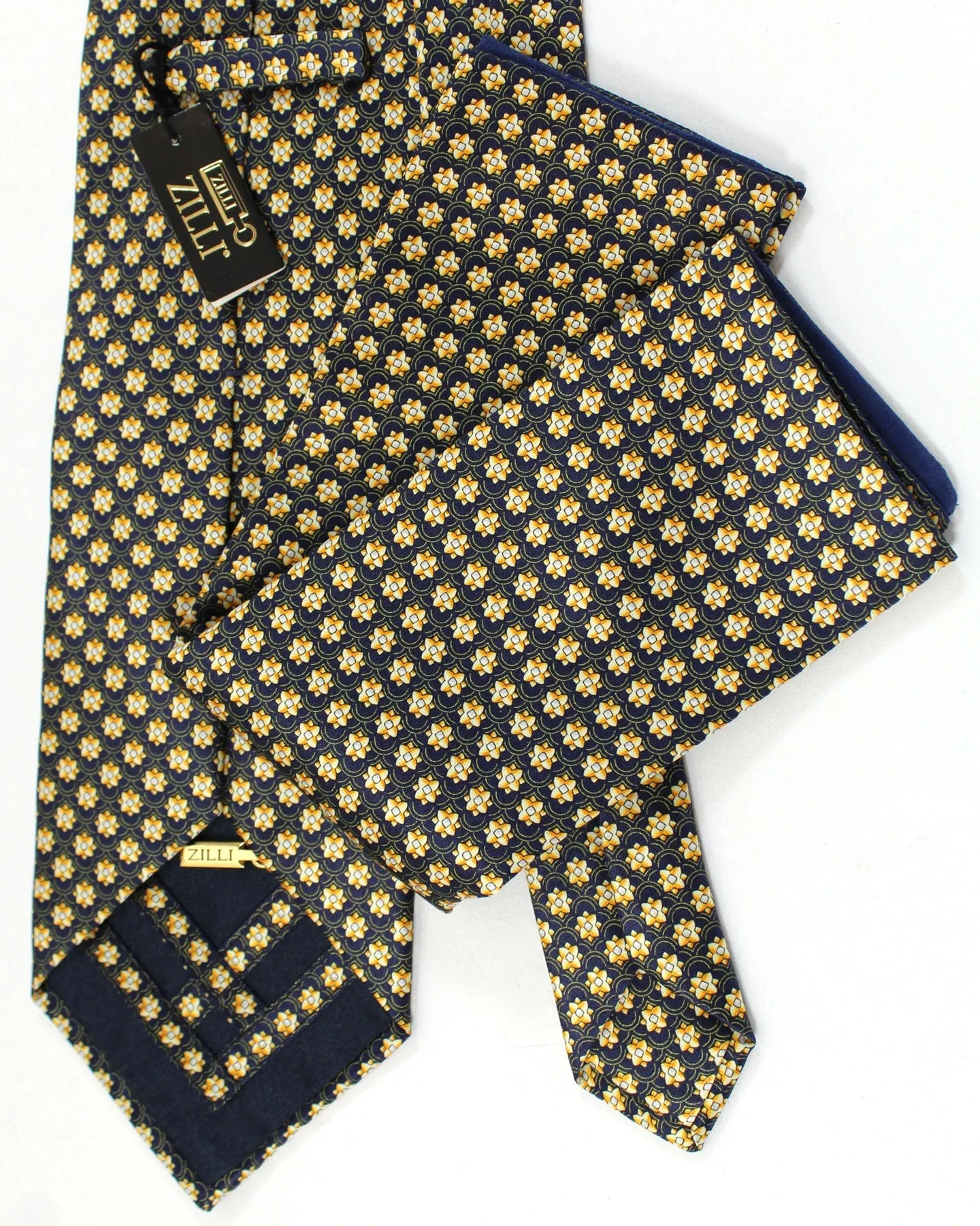 Zilli Silk Tie & Matching Pocket Square Set Black Orange Gold Medallions SALE