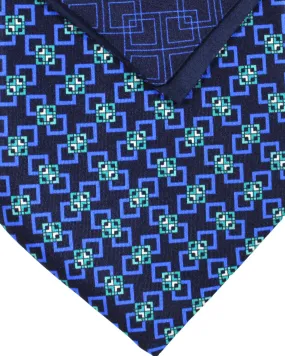 Zilli Tie & Matching Pocket Square Set Navy Blue Green Geometric Design