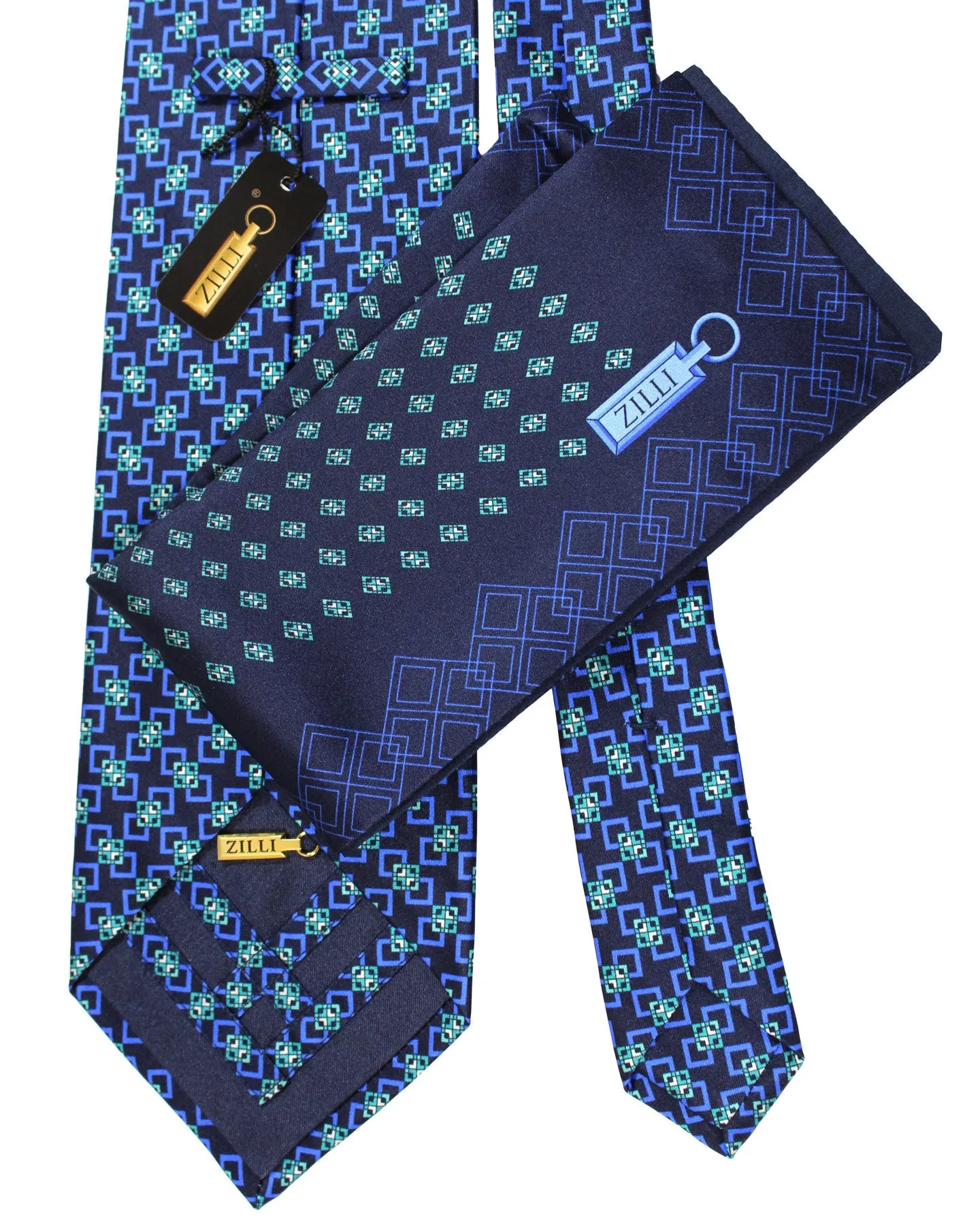 Zilli Tie & Matching Pocket Square Set Navy Blue Green Geometric Design